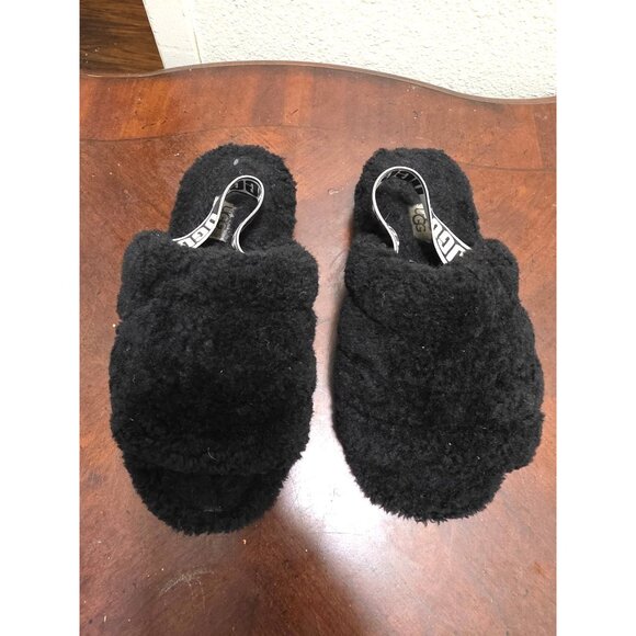 UGG Fluff Yeah Slide Slippers Black Womens Size 6 Sheepskin Wool - Picture 2 of 10